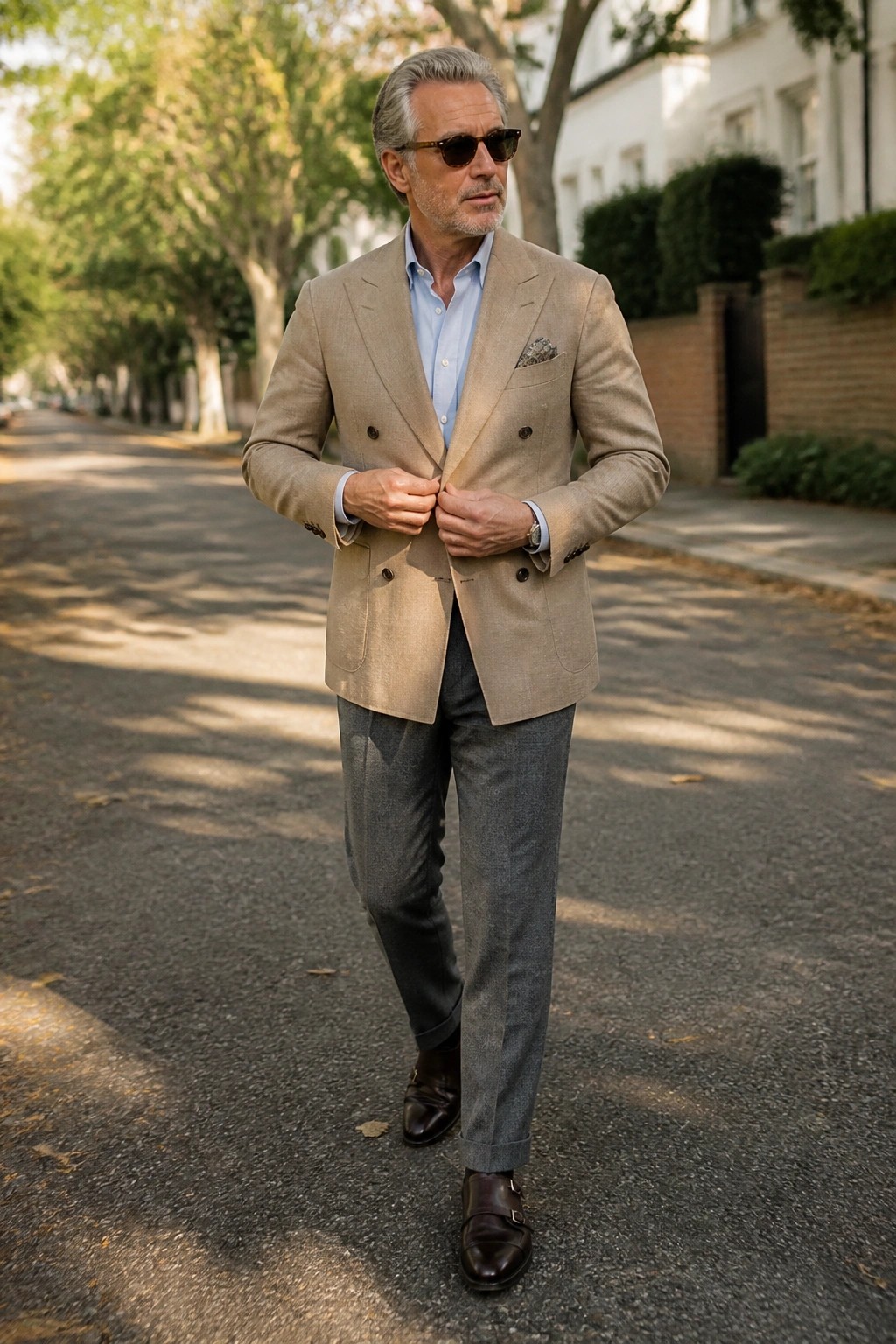 Gray-haired man in beige double-breasted blazer, blue shirt, gray trousers on sunny street