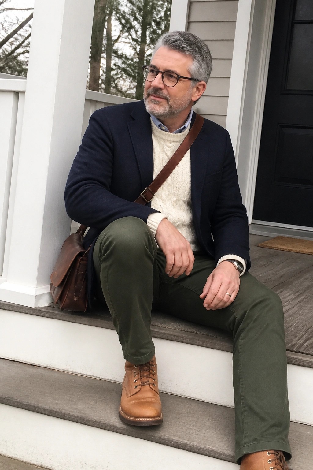 Man in navy blazer and cream sweater with leather bag on porch steps