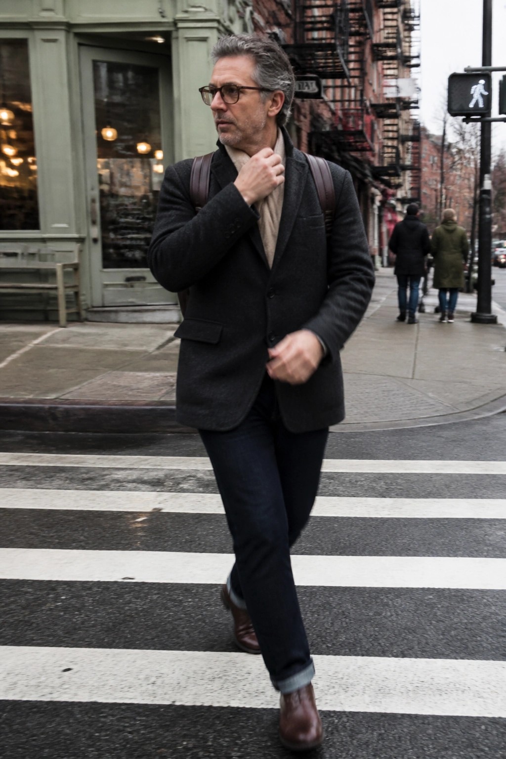Man in dark blazer adjusting scarf while crossing urban crosswalk