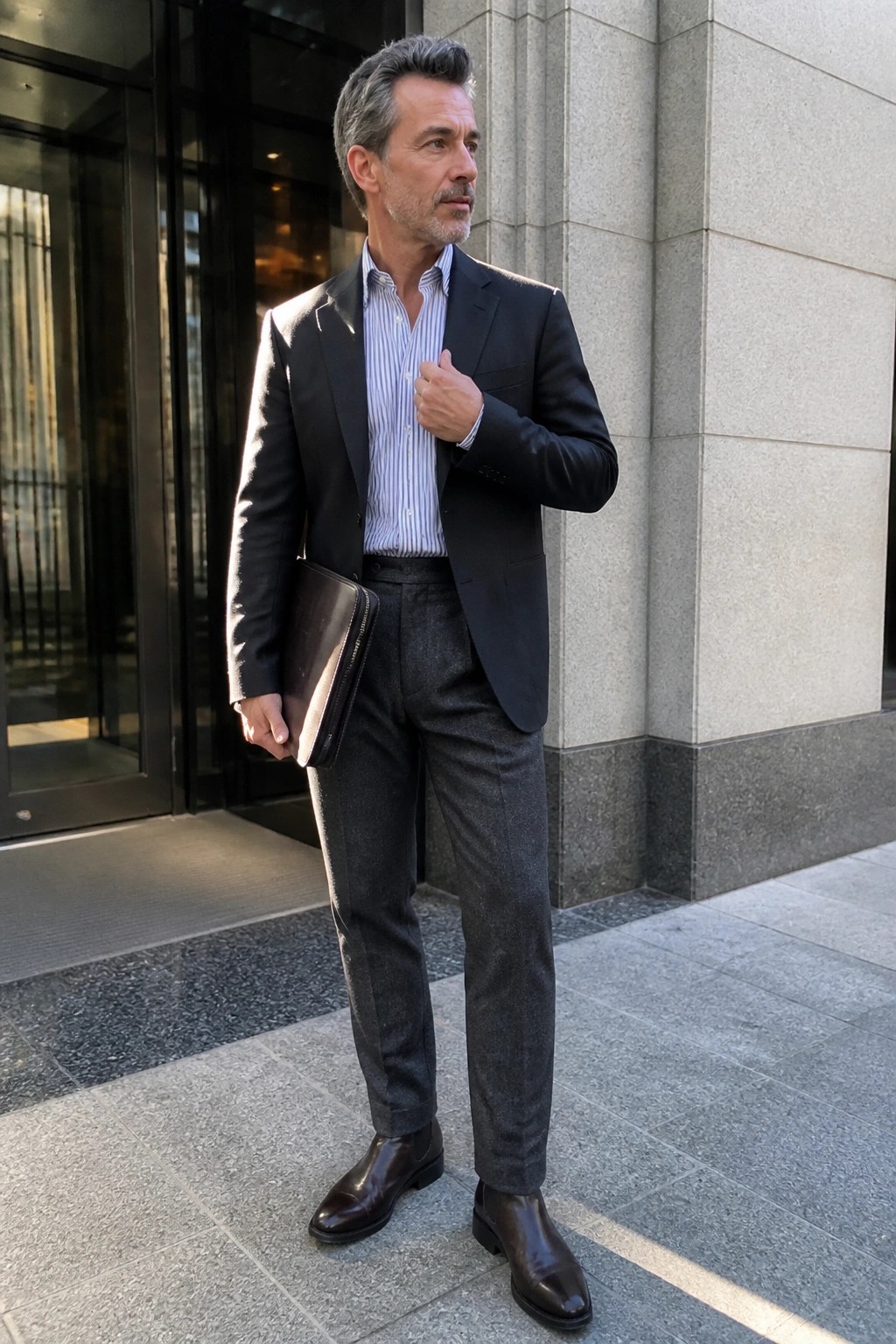 Man in dark suit and striped shirt holding leather portfolio outside stone building.
