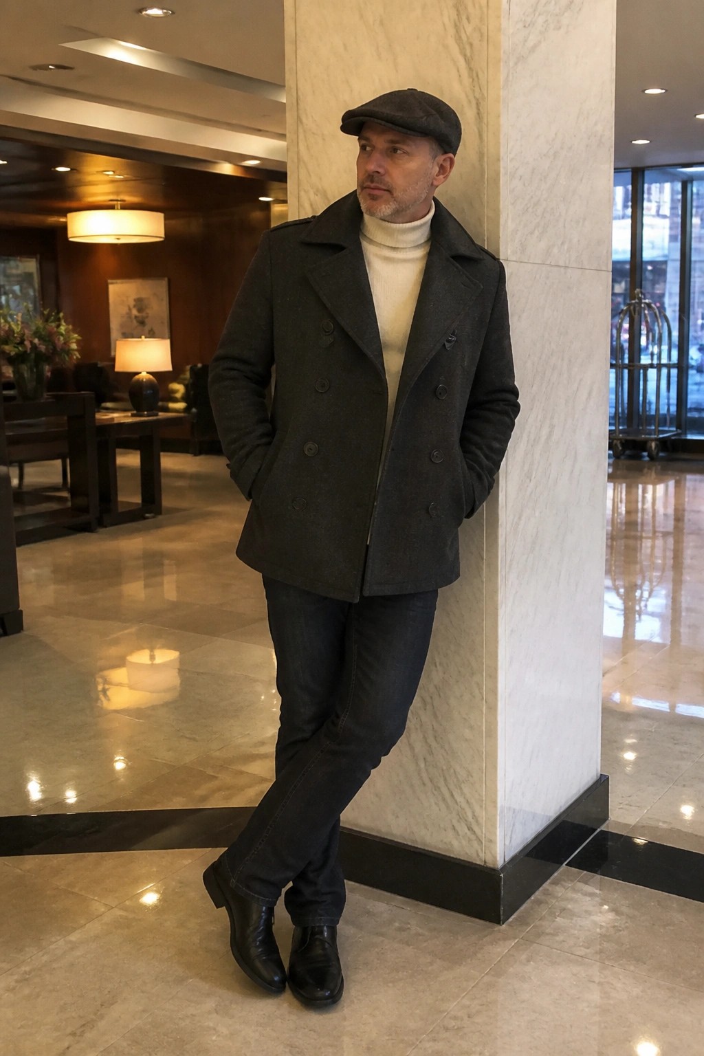 Man in gray peacoat and flat cap leans against marble pillar in lobby.