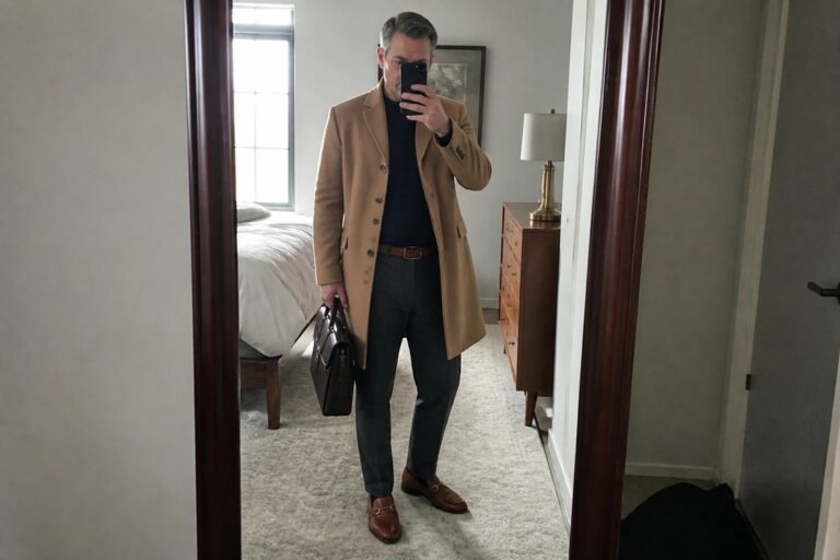 20 Fresh Old Money Fall Outfits for Men Over 50 Gray-haired man in tan overcoat and gray trousers holds leather bag for mirror selfie