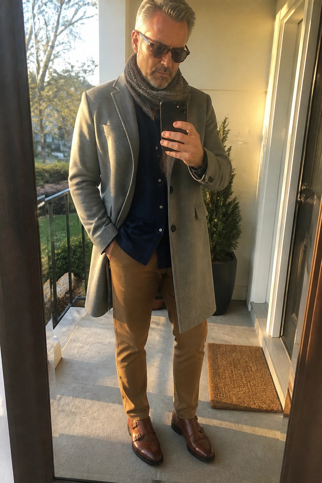 Man in gray overcoat, brown pants, and scarf taking mirror selfie on porch