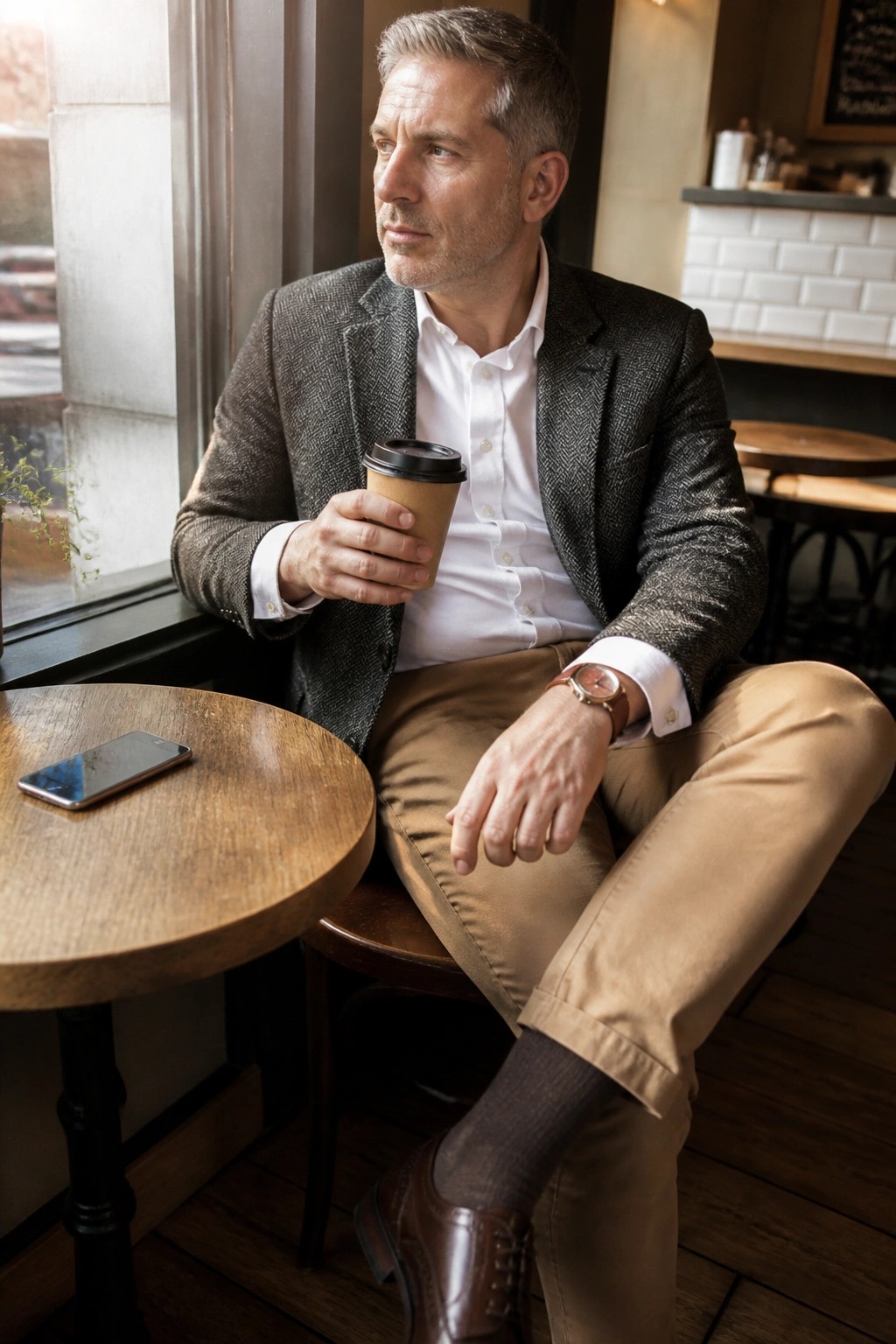 Middle-aged man in tweed blazer holds coffee beside smartphone at cafe window