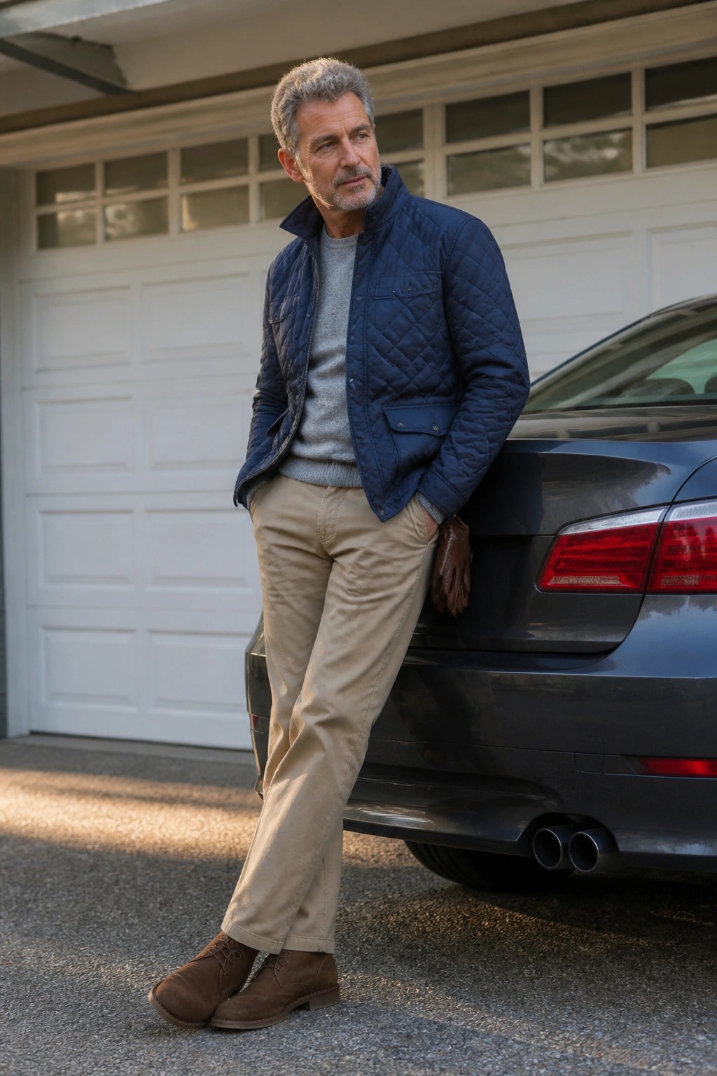 Gray-haired man in blue quilted jacket and khaki pants leans on dark car by garage