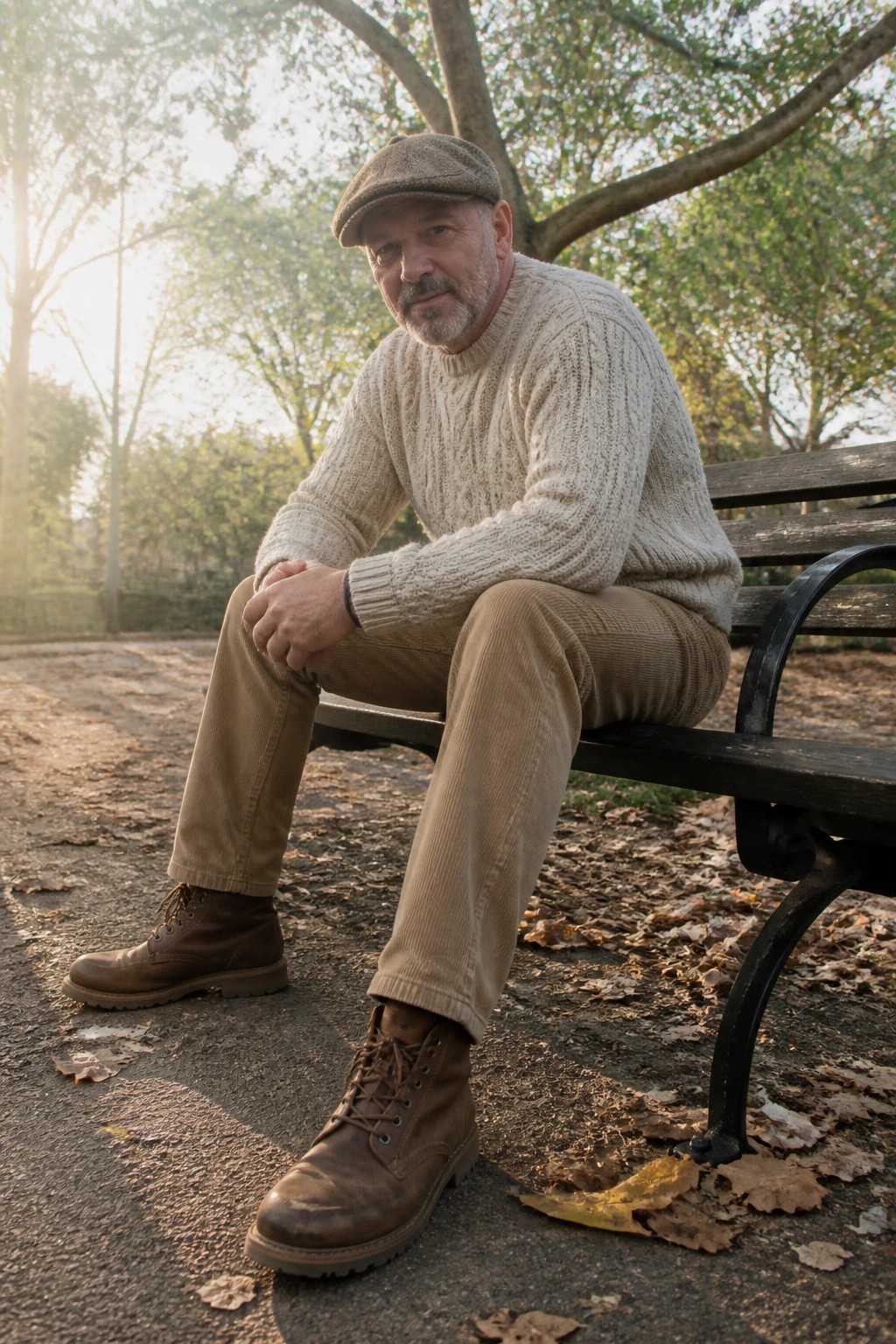Man in cream cable-knit sweater and brown corduroy pants on autumn park bench