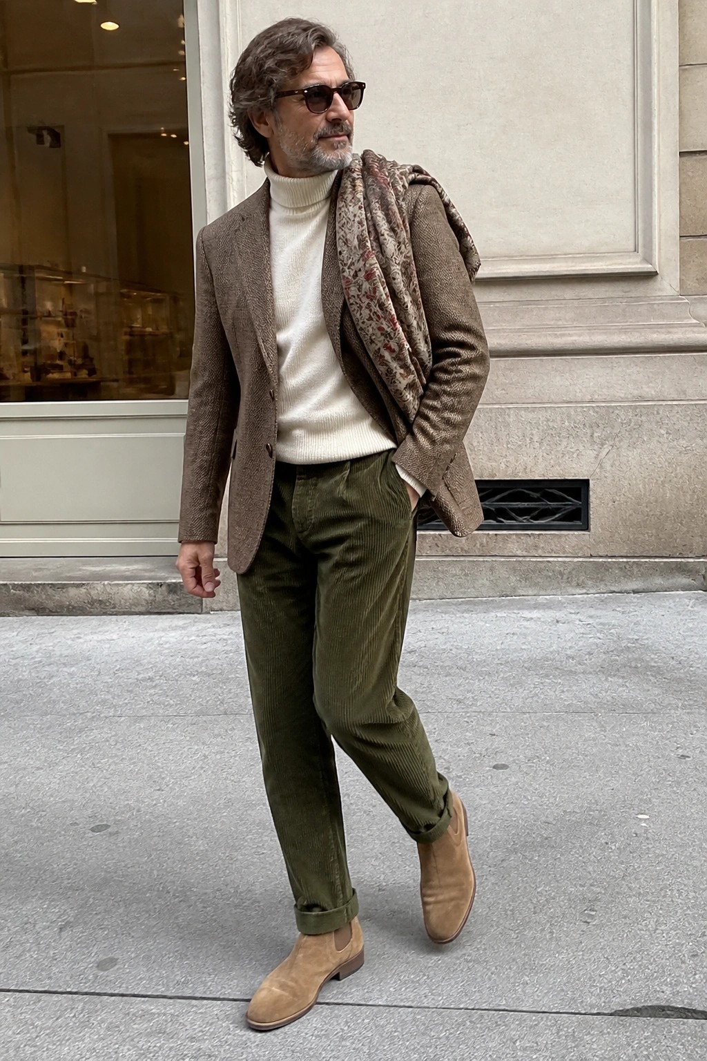 Man in brown tweed blazer, white turtleneck, green corduroy pants, and suede boots.
