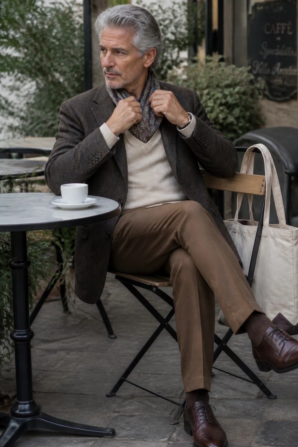 Gray-haired man in brown tweed blazer adjusts patterned scarf at outdoor café table