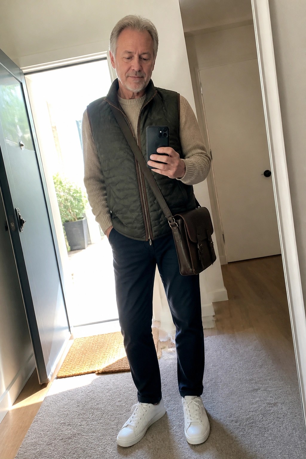 Man in green quilted vest over beige sweater holding phone with brown leather bag