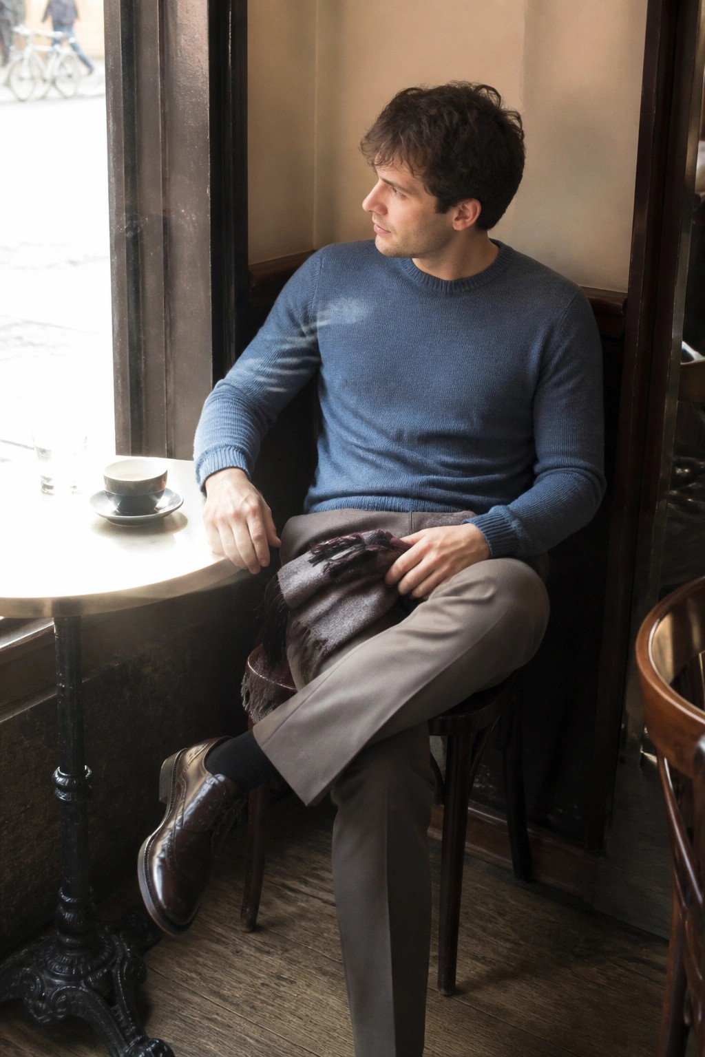Man in blue sweater and gray pants sits by cafe window with coffee.