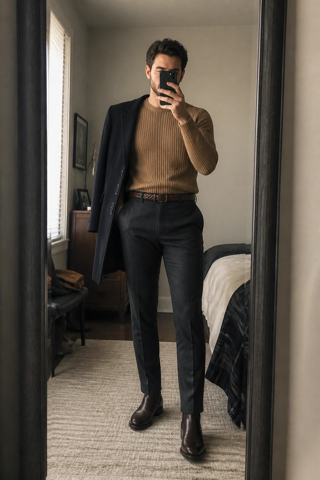 Man in mirror selfie wearing tan ribbed knit sweater, navy blazer draped over shoulder, charcoal trousers, brown braided belt, and brown Chelsea boots.