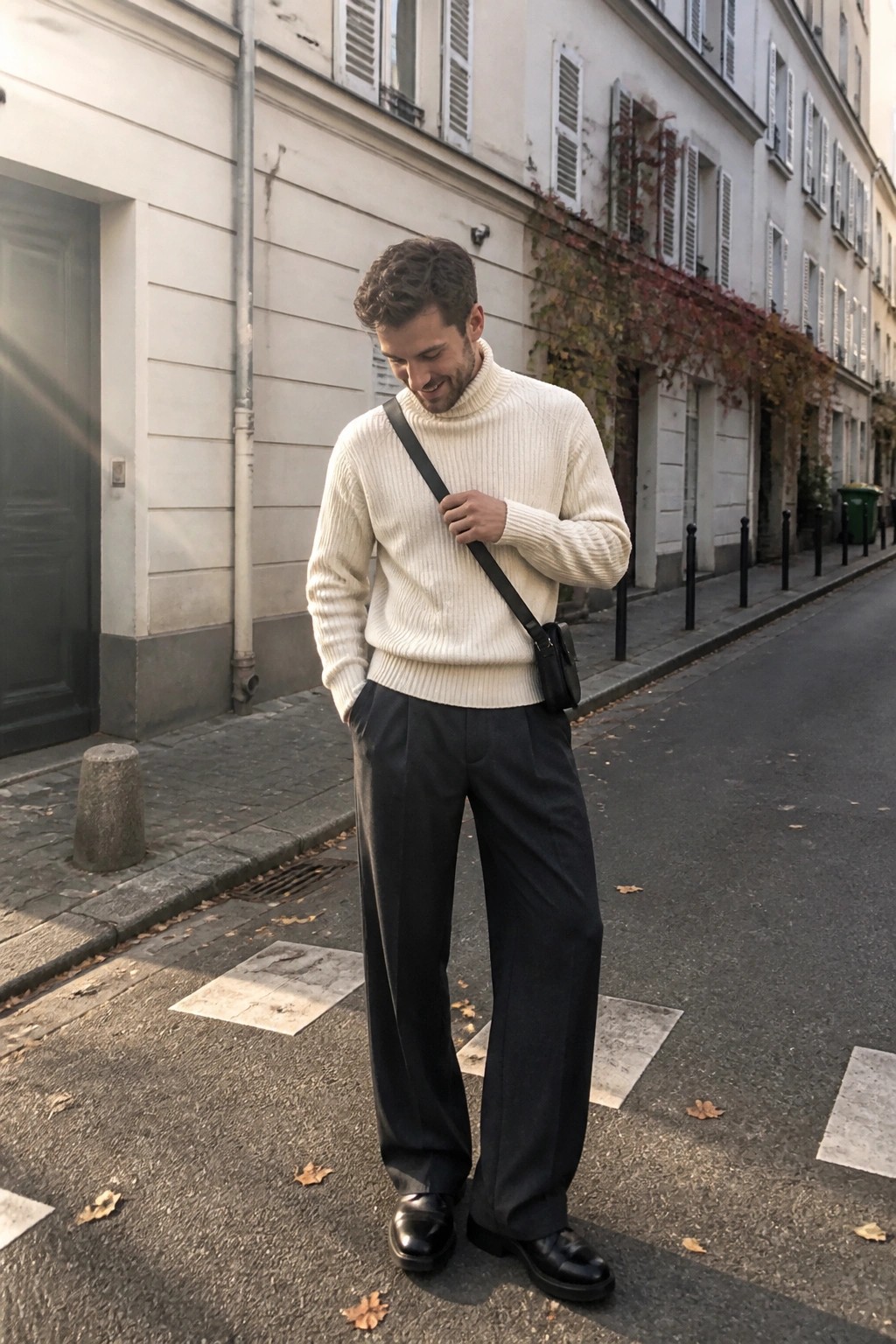 Man in cream turtleneck sweater and dark trousers with black crossbody bag on city street.