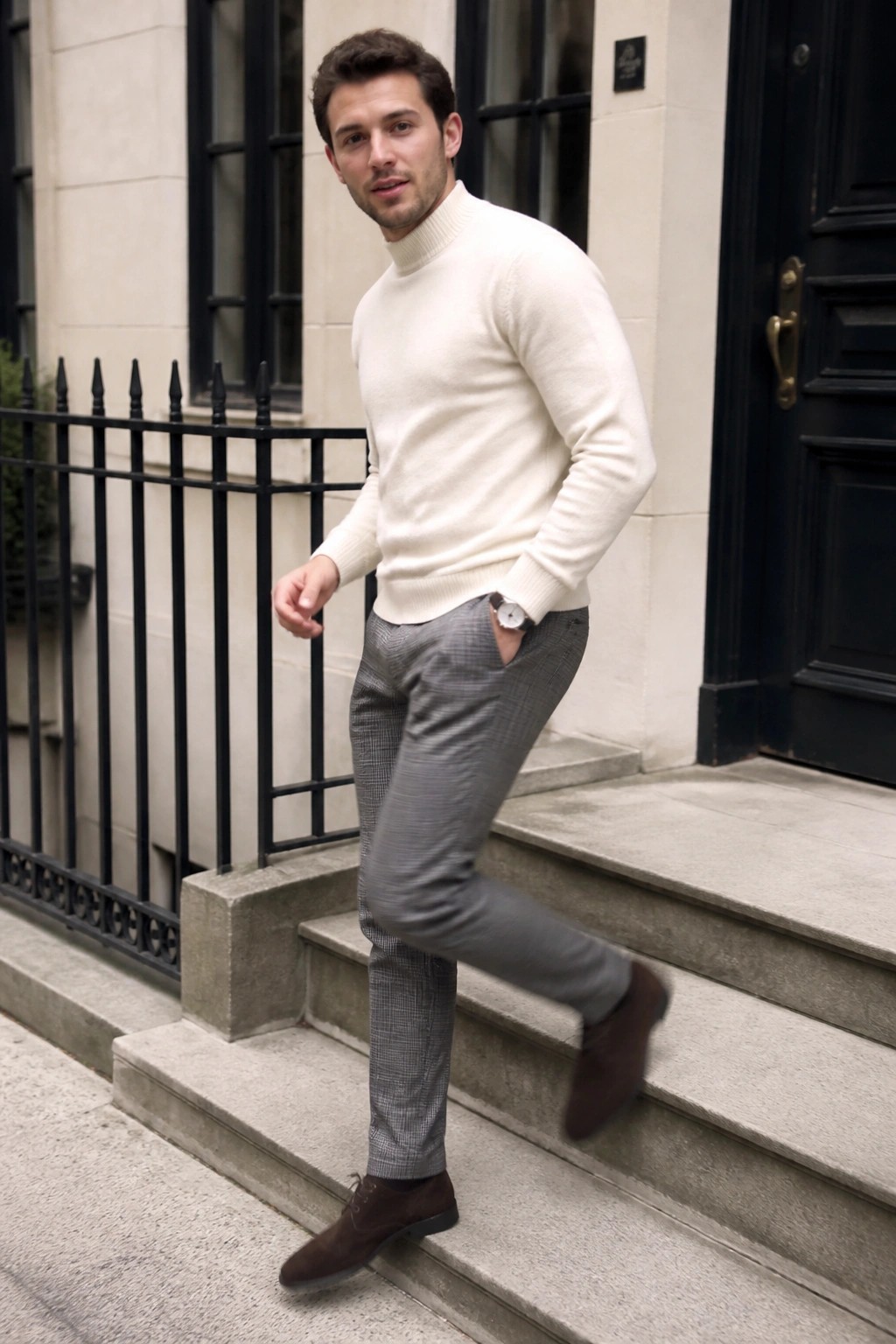 Man in white turtleneck and gray checkered pants posing on stone steps