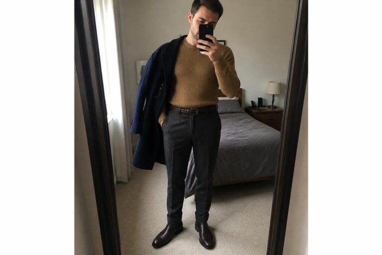 20 Refined Men’s Fall Semi Formal Looks Built Around Knit Sweaters and Trousers Man in mirror selfie wearing tan ribbed knit sweater, navy blazer draped over shoulder, charcoal trousers, brown braided belt, and brown Chelsea boots.