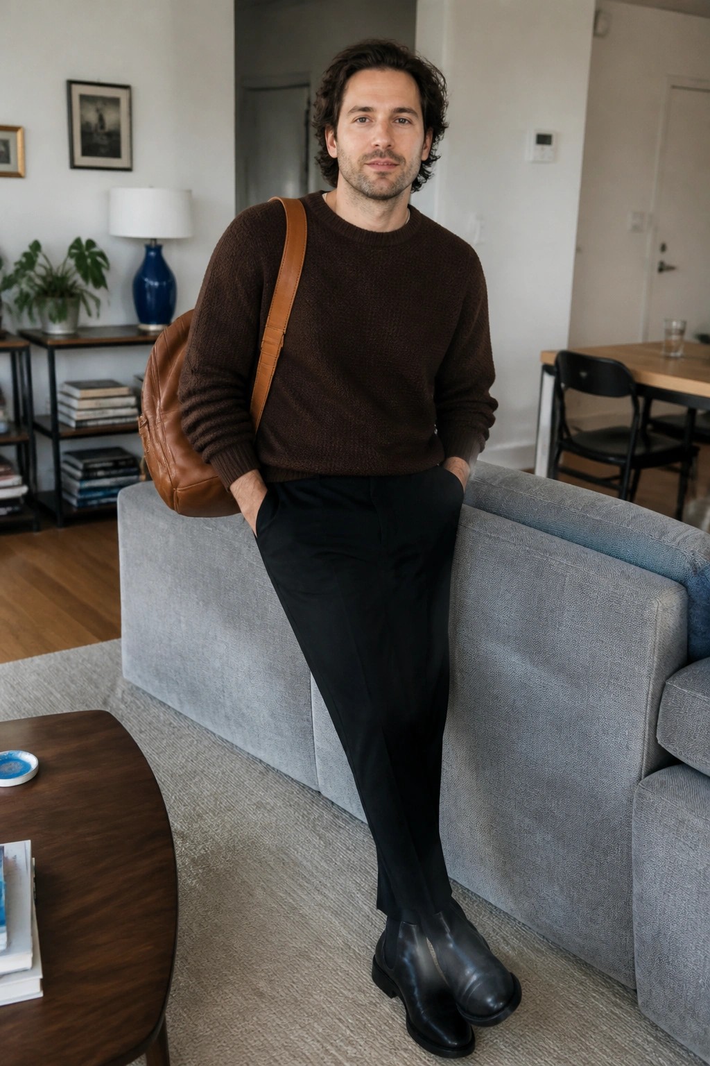 Man in brown sweater with leather bag standing by gray couch in living room