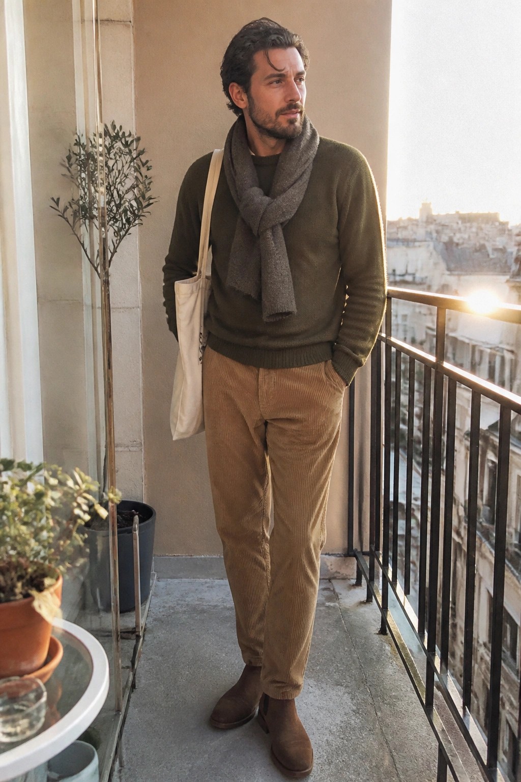 Man in green sweater, gray scarf, and brown corduroy pants on city balcony with tote bag