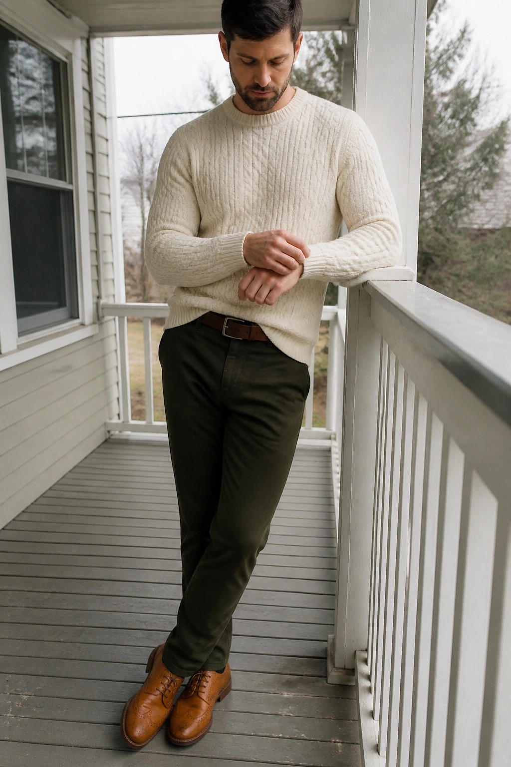 Man in cream cable-knit sweater and olive pants on wooden porch.