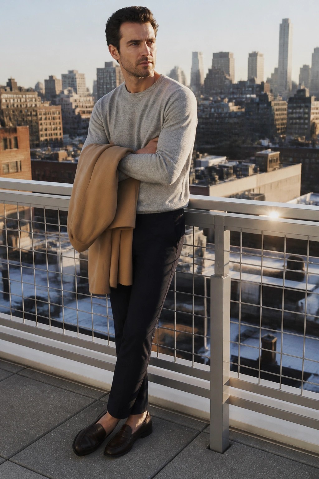 Man in gray sweater holding tan coat on city balcony at sunset
