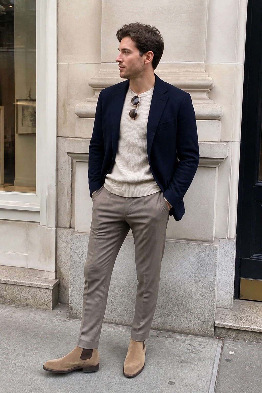 Man in navy blazer over cream sweater, beige trousers, and suede Chelsea boots.