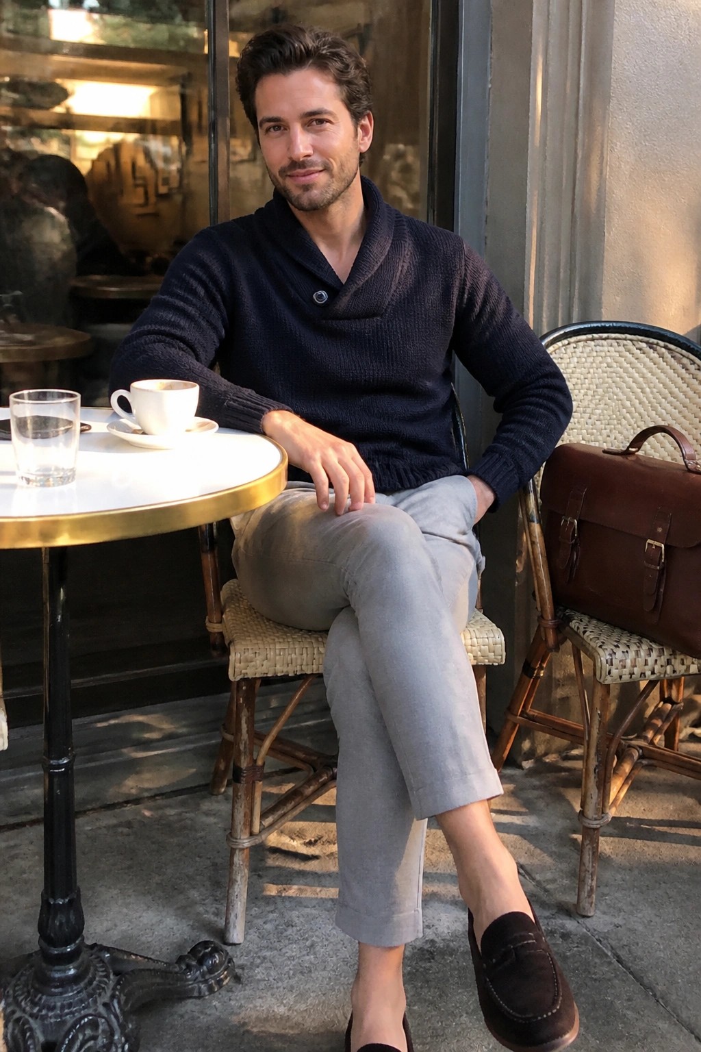 Man in navy shawl-collar sweater and gray trousers at cafe with coffee and briefcase