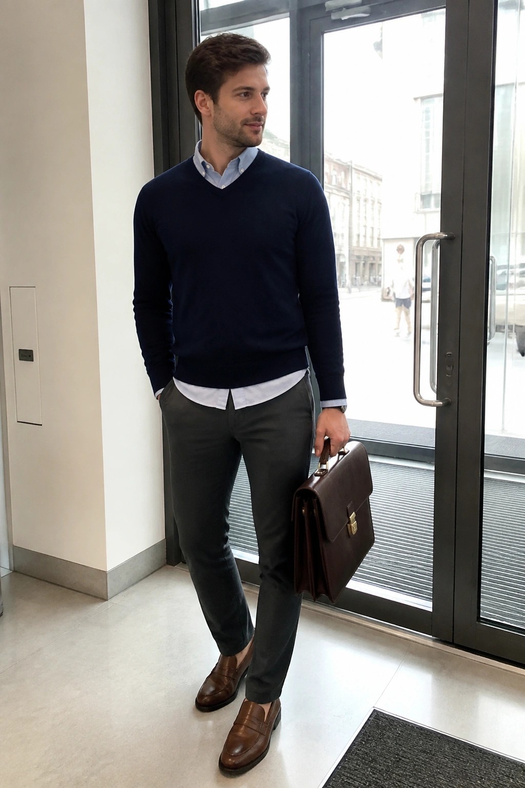 Man in navy V-neck sweater, gray pants, holding brown briefcase by glass doors.