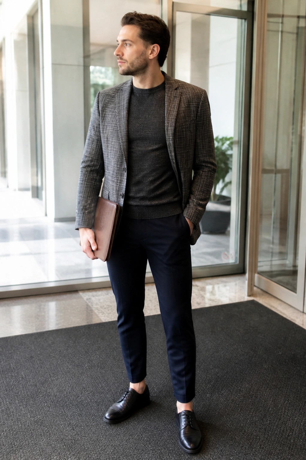 Man in plaid blazer over sweater holding leather portfolio in modern lobby