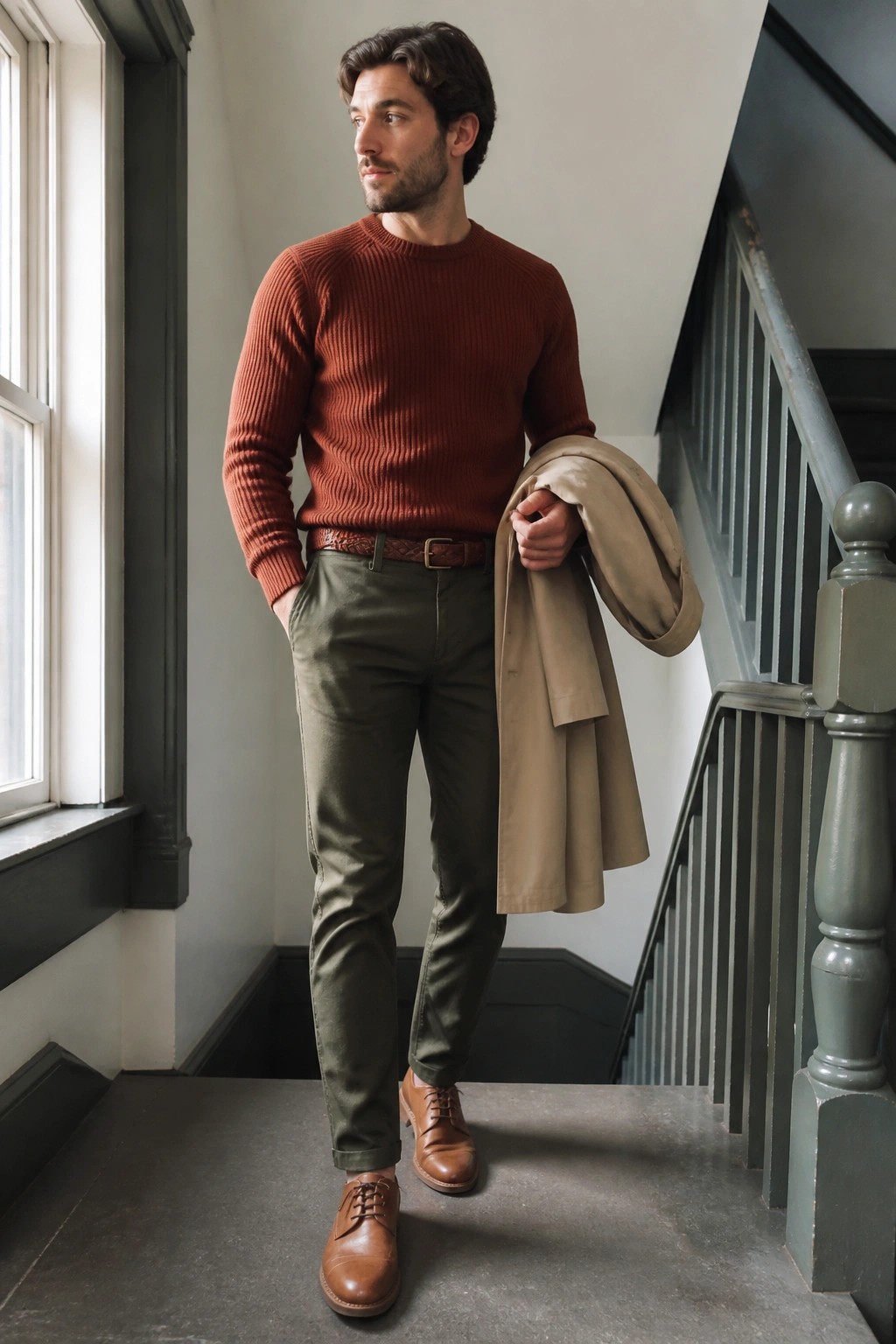 Man in orange ribbed sweater holding beige coat on staircase with green railing.