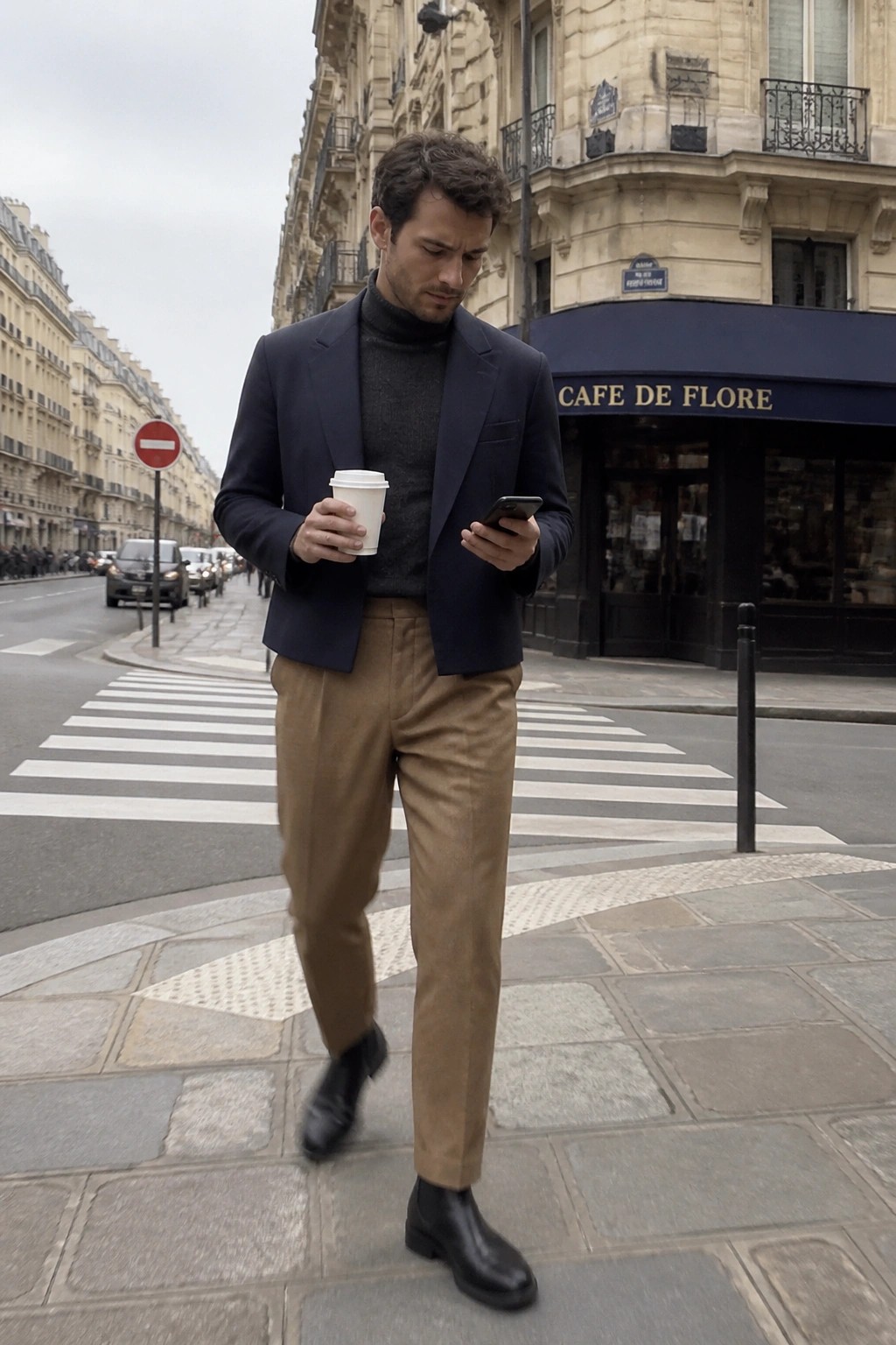 Man in navy blazer and tan pants checks phone while holding coffee on Paris street