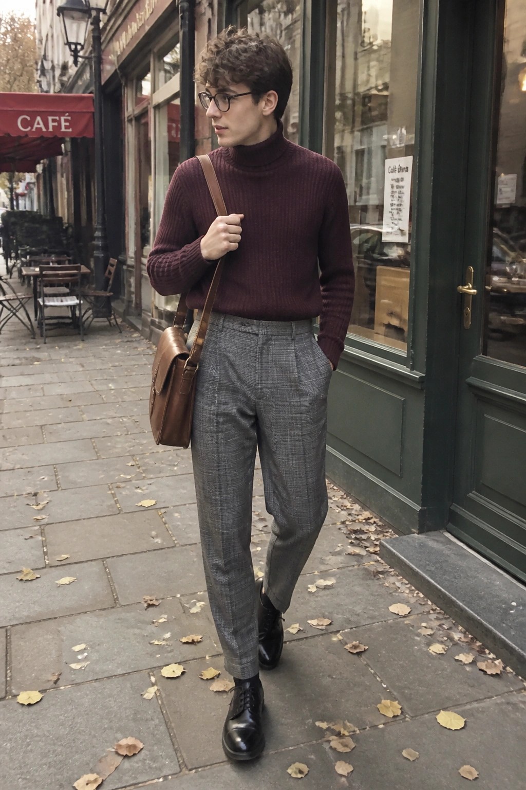Man in maroon ribbed turtleneck sweater tucked into grey plaid trousers with black dress shoes and brown leather messenger bag over one shoulder.