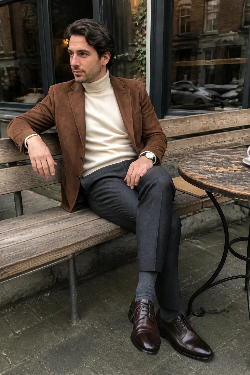 Man in brown suede jacket and cream turtleneck seated on wooden cafe bench