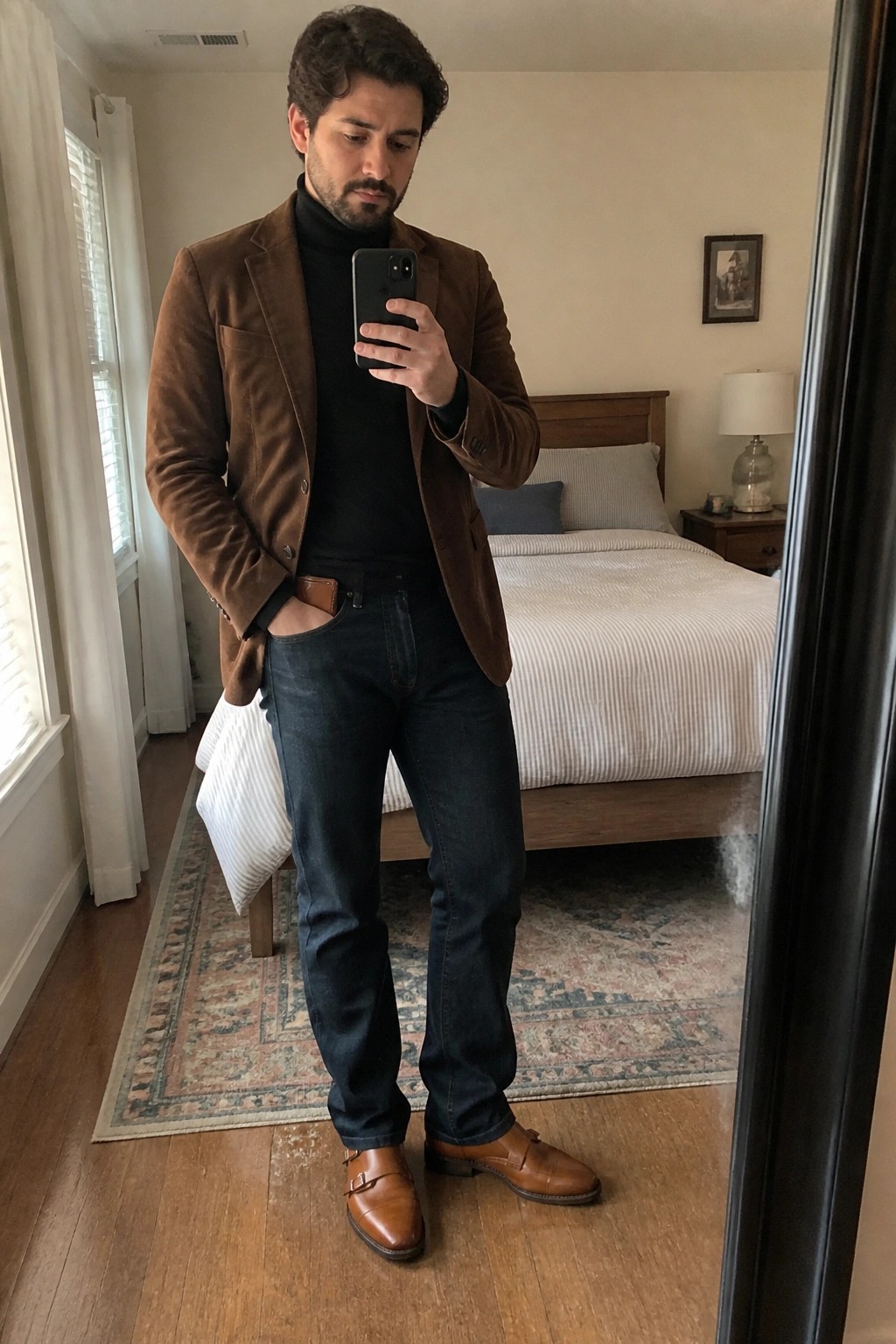 Man in brown blazer over black turtleneck taking mirror selfie in bedroom