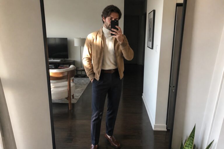 19 Refined Old Money Fall Outfits for Men With Suede Jackets Man in brown suede bomber jacket over white turtleneck taking mirror selfie with phone