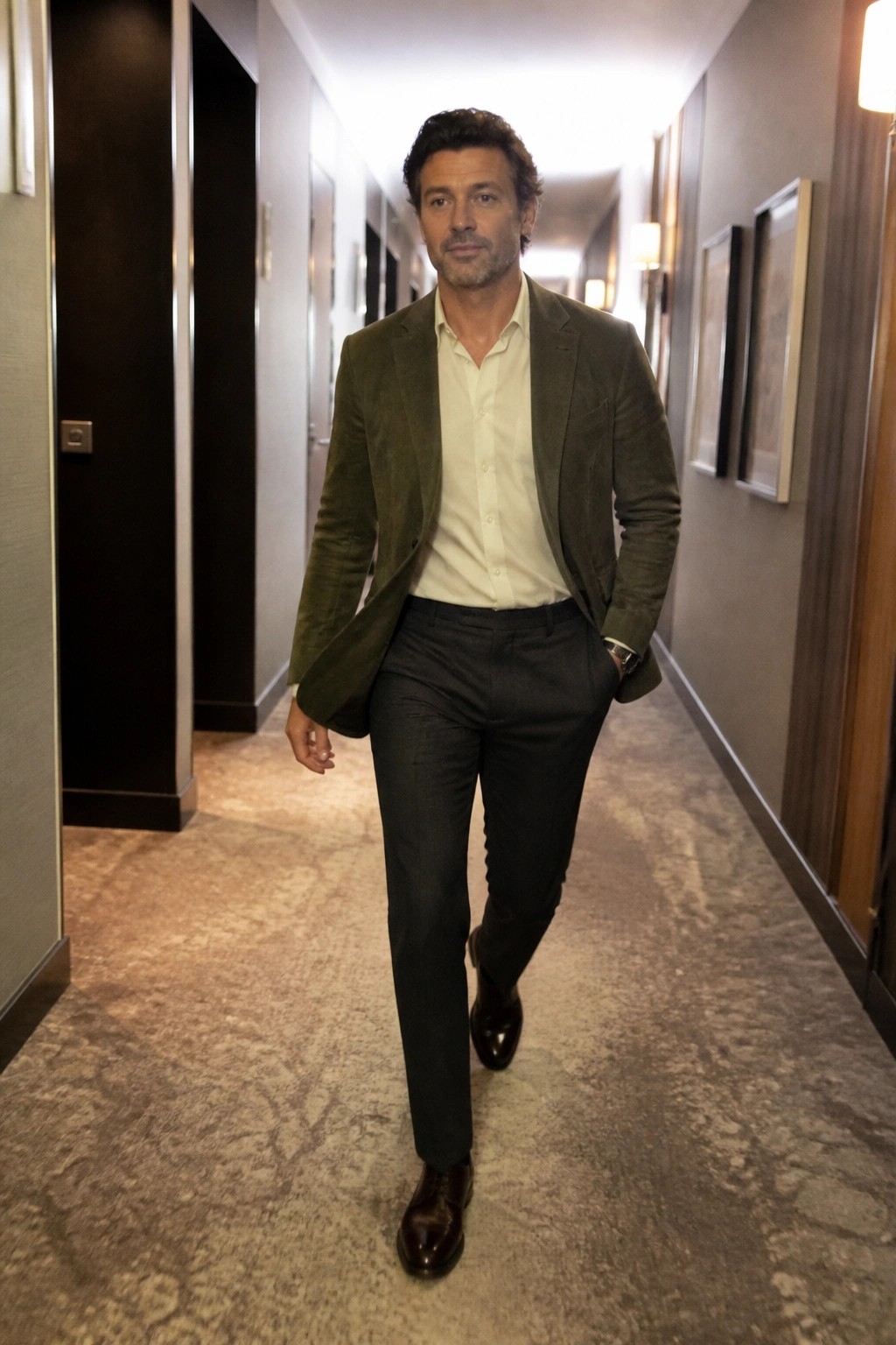 Man in green blazer and white shirt walks down carpeted hotel hallway