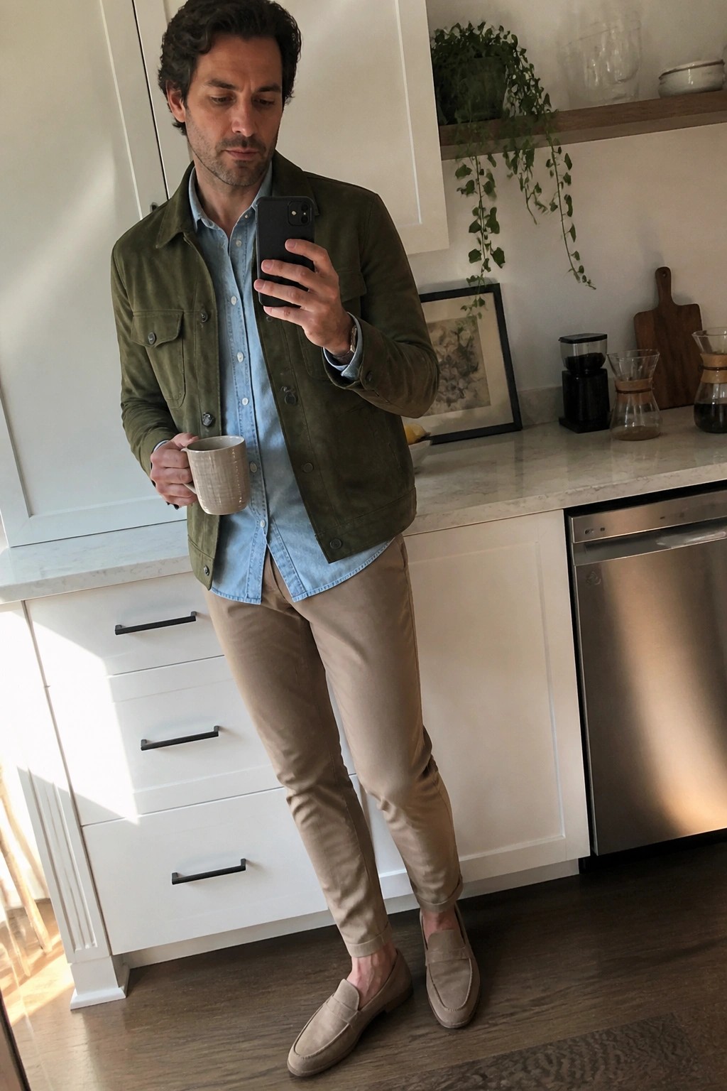 Man in green jacket taking phone selfie while holding mug in kitchen