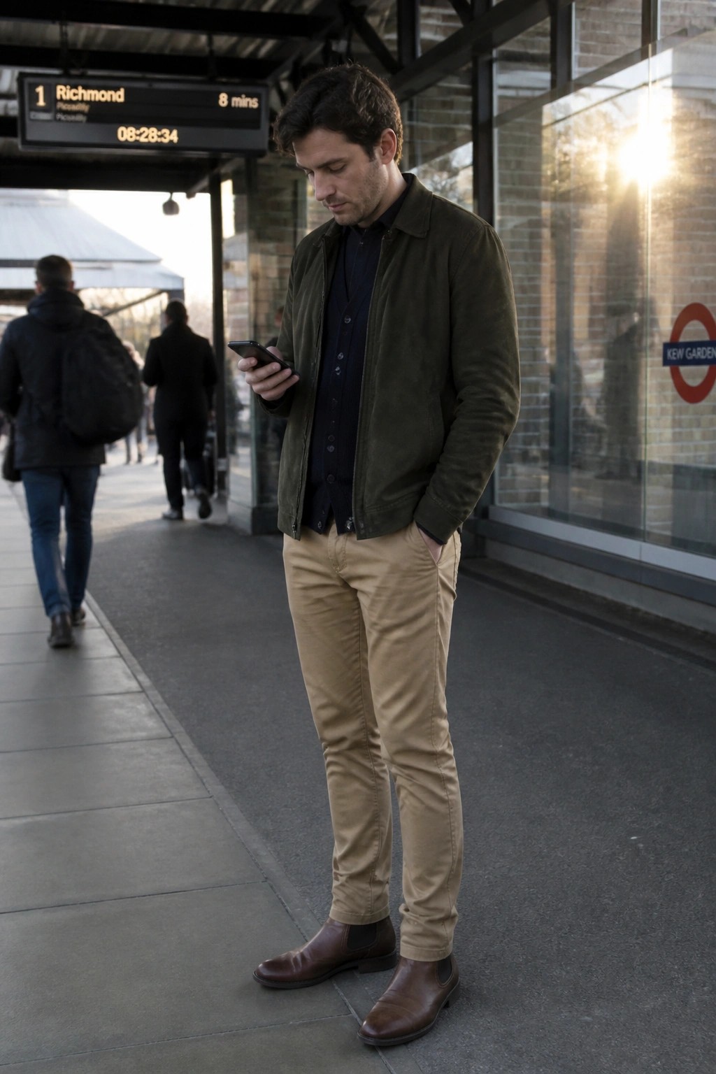 Man in green jacket and khaki pants checks phone on sunny train platform