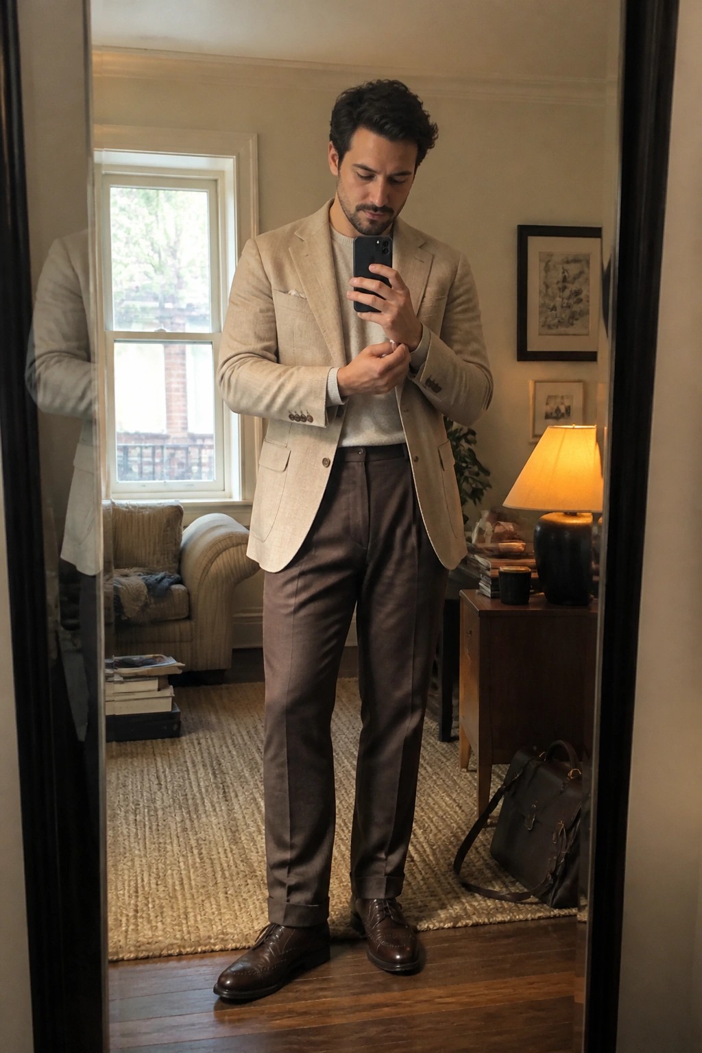 Man in beige blazer and brown trousers taking a mirror selfie indoors.