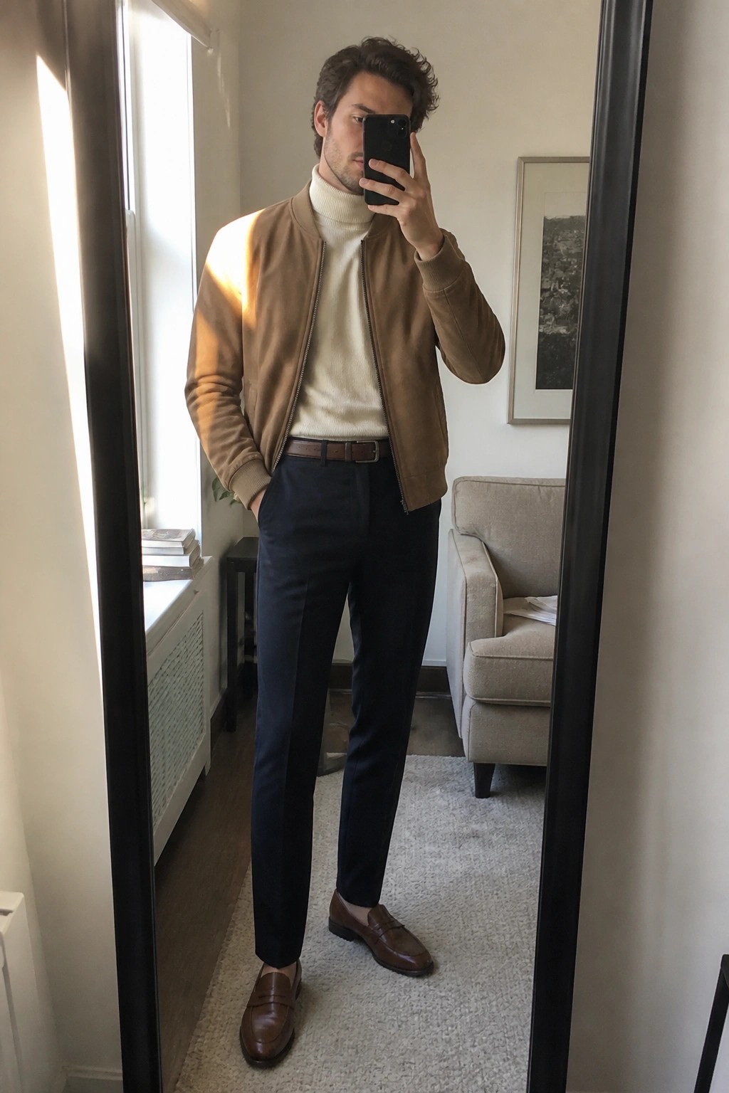 Man in brown suede bomber jacket over white turtleneck taking mirror selfie with phone