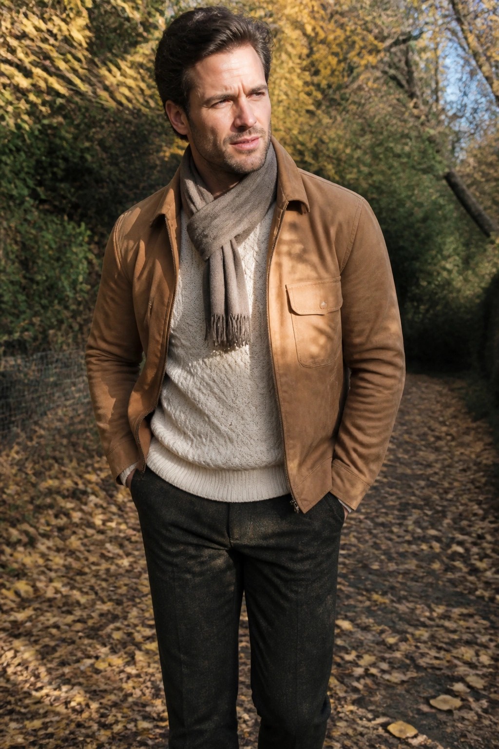 Man in brown suede jacket over cream cable knit sweater with gray fringed scarf and dark trousers standing on a leaf covered path.