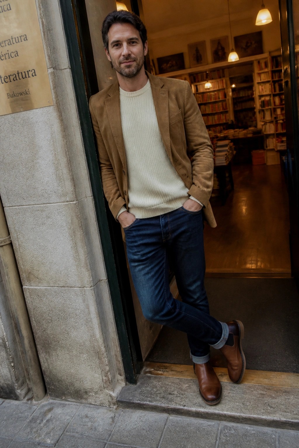 Man in tan suede jacket and cream sweater standing in bookstore doorway.