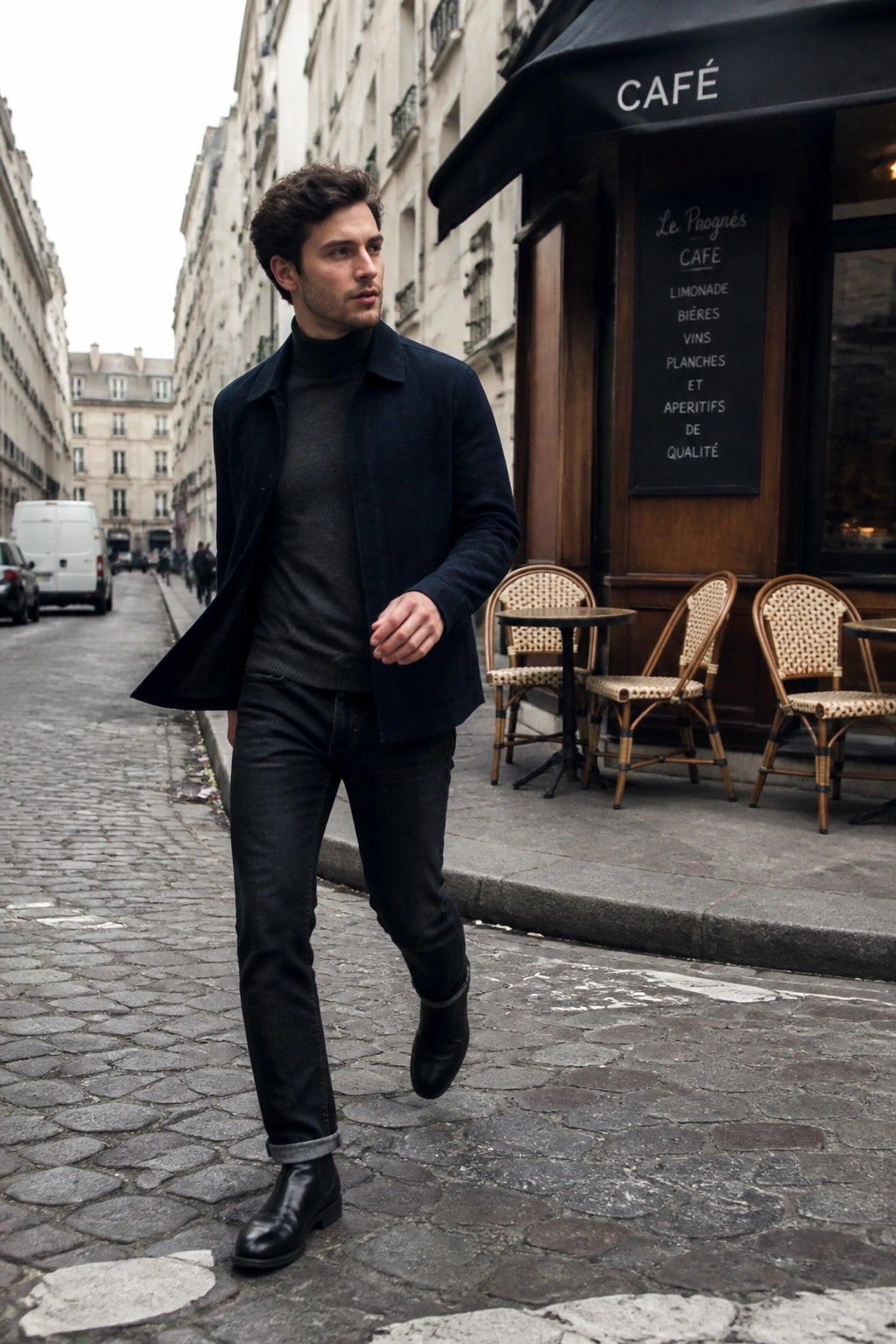Man in navy jacket and gray turtleneck walking on cobblestone street by café