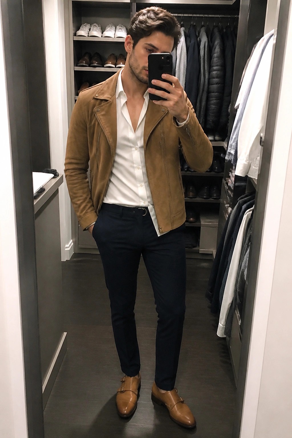 Man in brown suede jacket and white shirt taking mirror selfie in closet