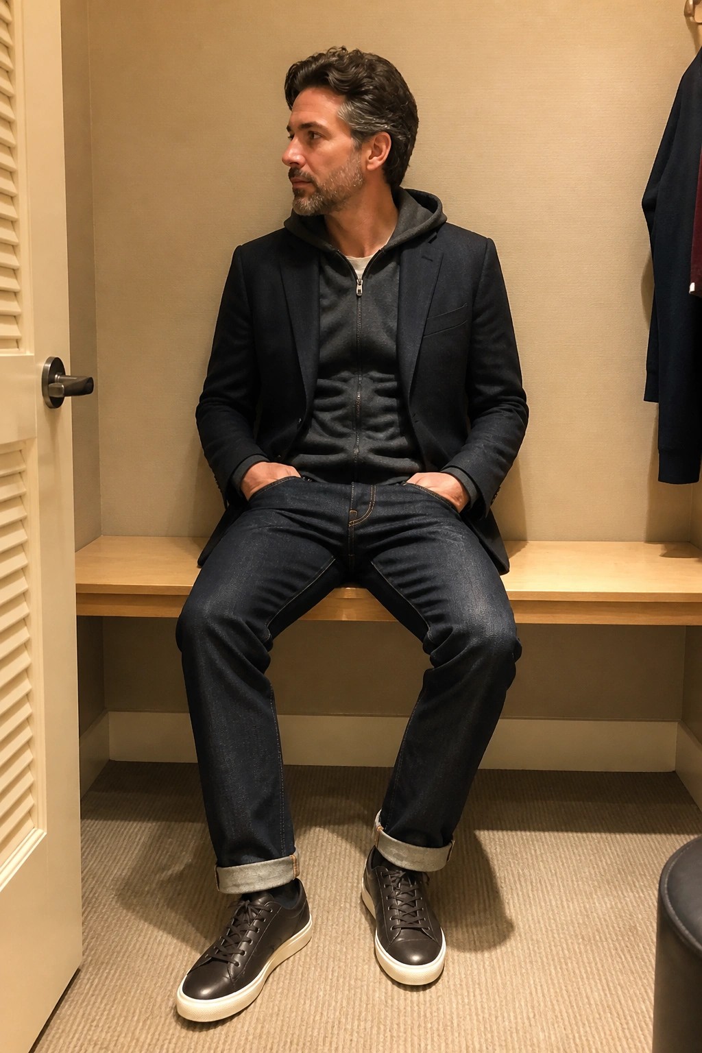 Man in navy blazer over gray hoodie with cuffed jeans in fitting room