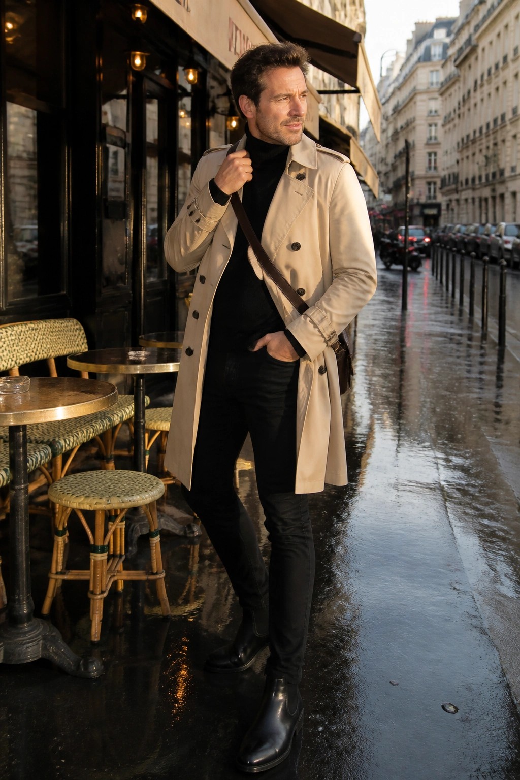 Man in beige trench coat over black turtleneck on wet Parisian street