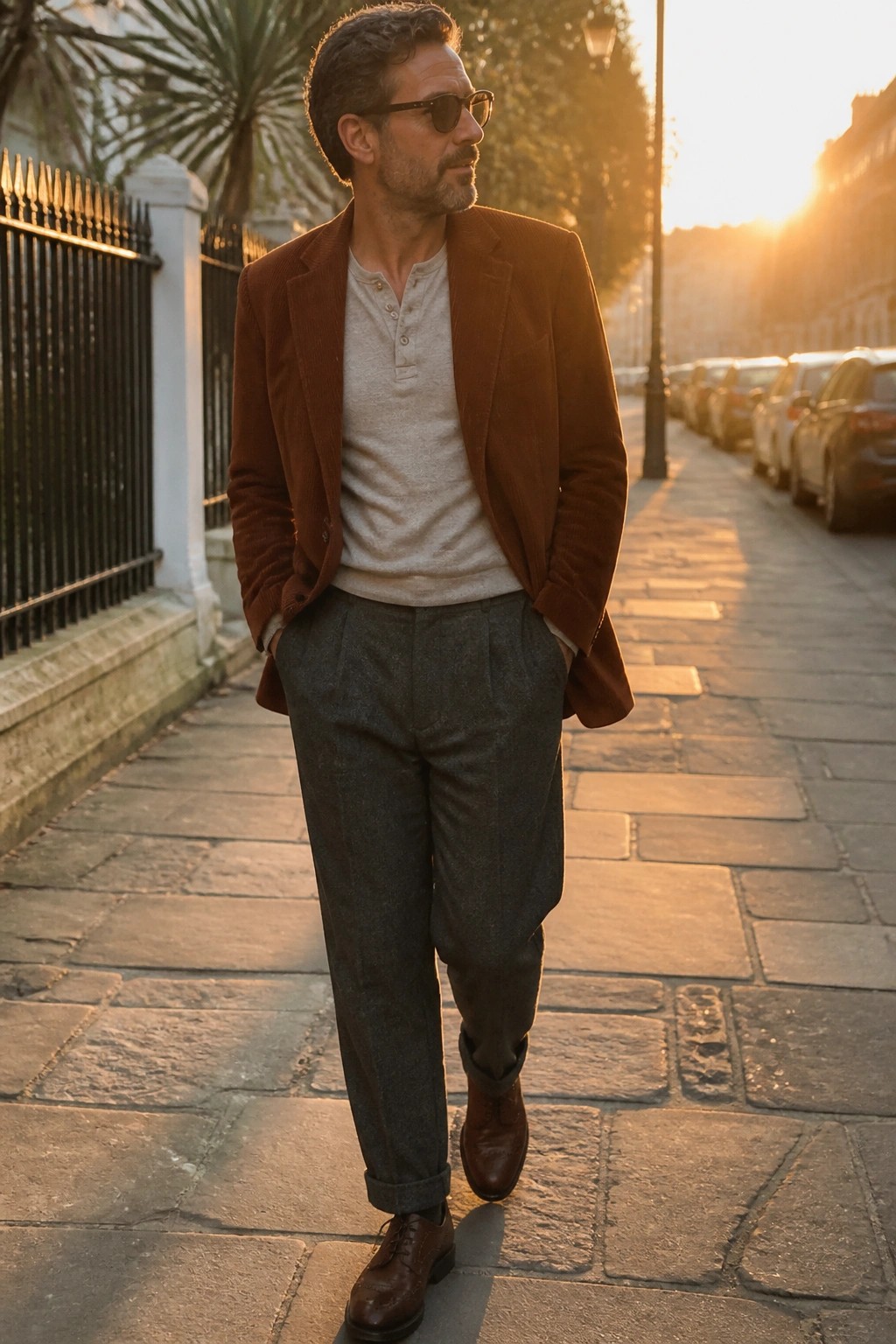 Man in brown corduroy blazer and gray trousers on sunlit city sidewalk at dusk.