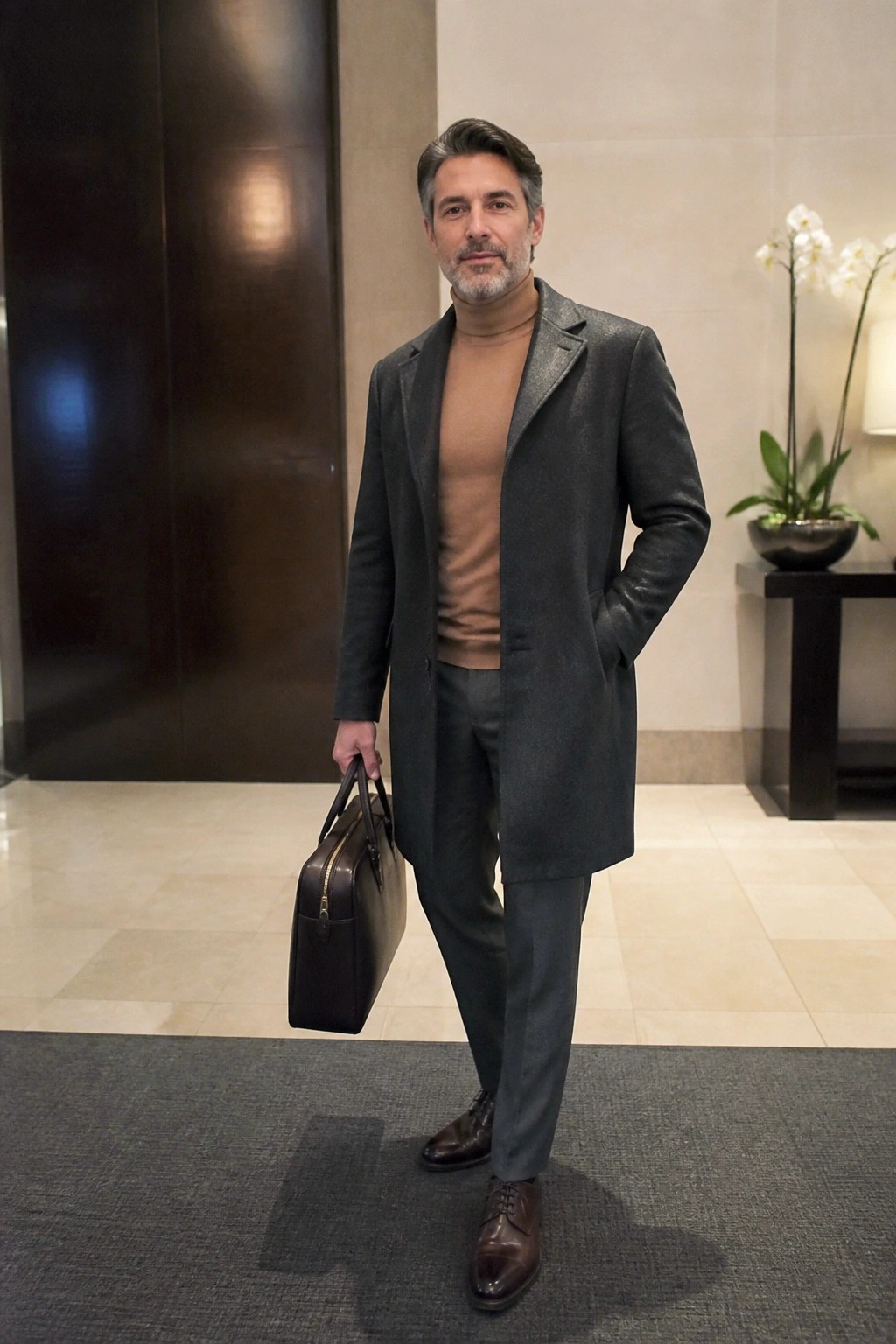 Man in gray overcoat and tan turtleneck holding brown leather briefcase indoors