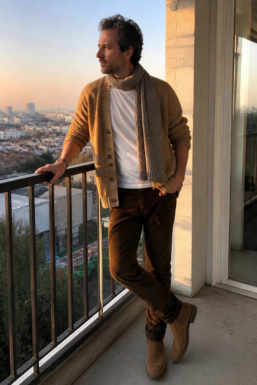 Man in brown cardigan and gray scarf leans on balcony overlooking city at sunset