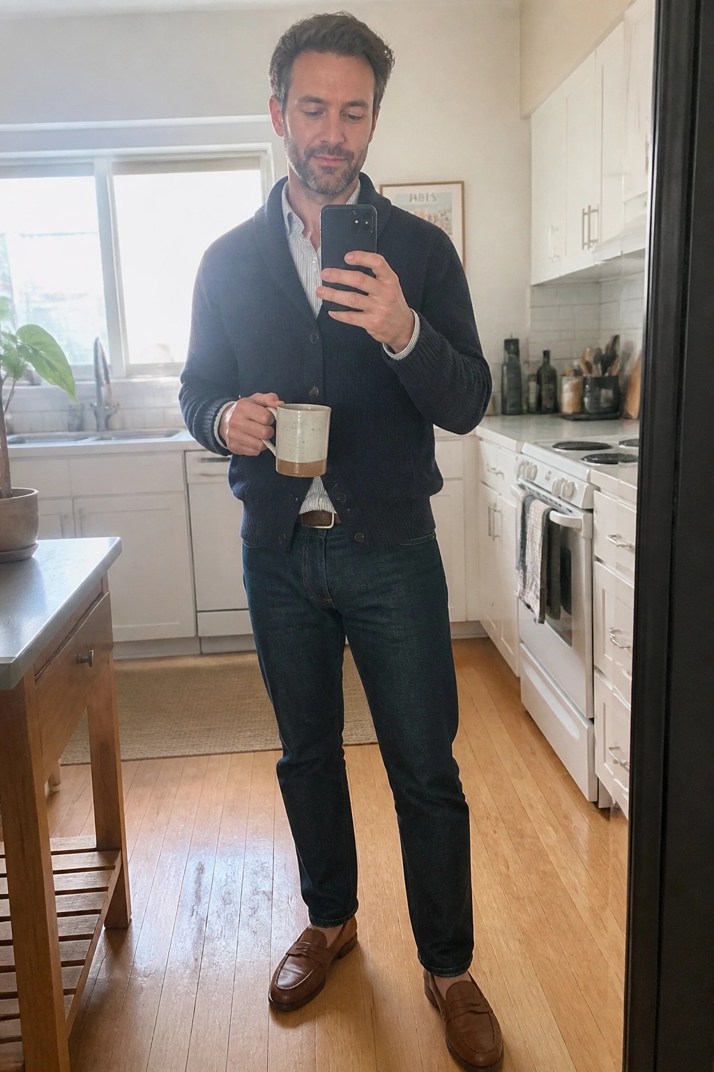 Man in navy cardigan and jeans taking selfie while holding mug in kitchen