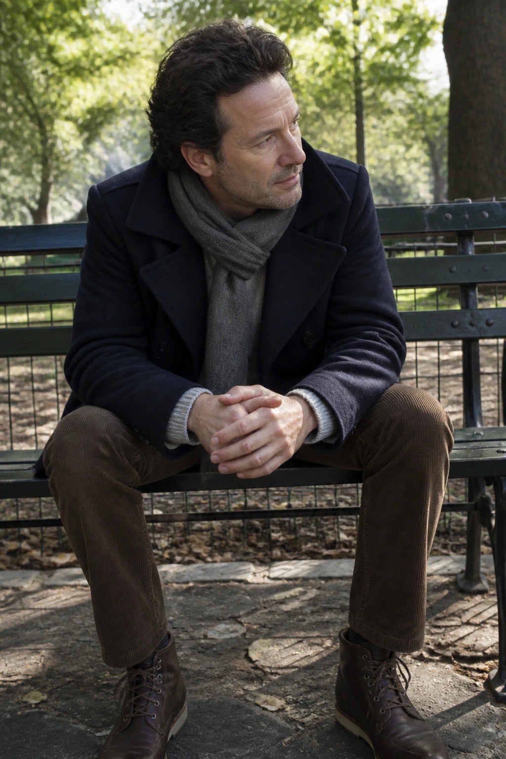 Man in navy coat and gray scarf sits on park bench with clasped hands