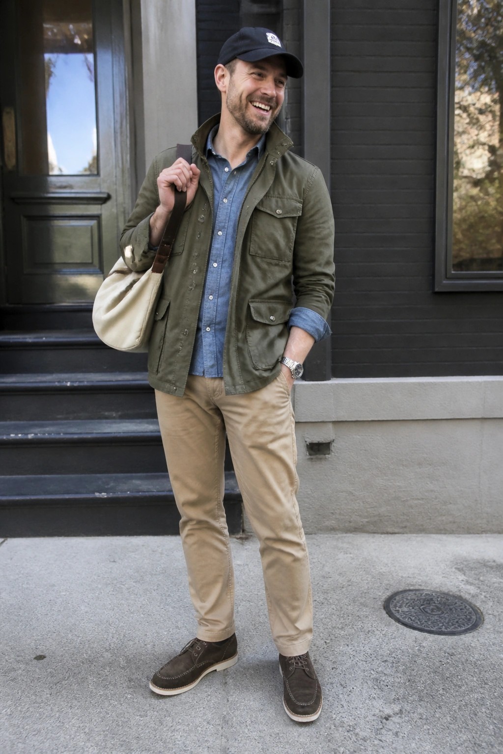 Smiling man in olive jacket, blue shirt, khaki pants holding canvas tote bag