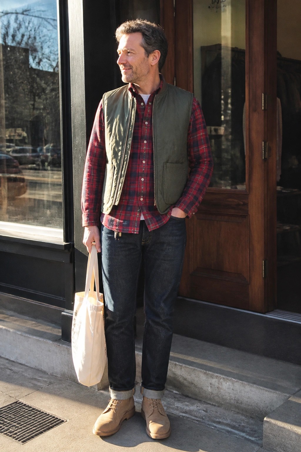 Man in red plaid shirt and green vest holding beige tote bag on sidewalk.